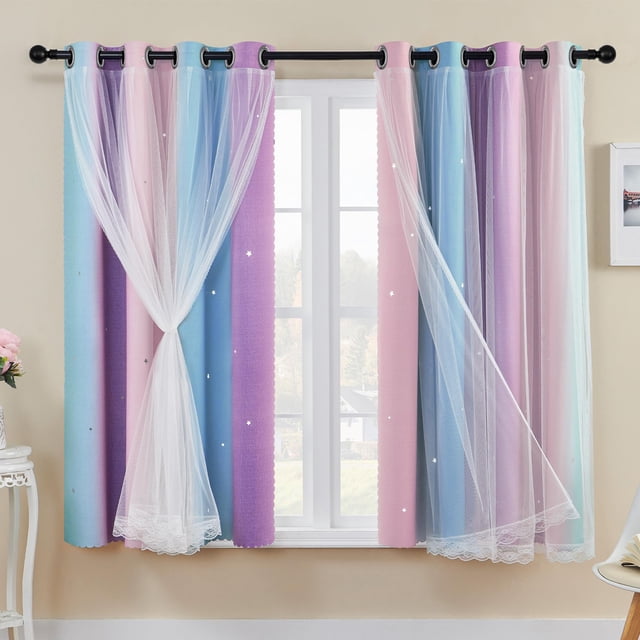 XiDi Cortinas Arco Iris para Dormitorio, Estrellas Huecadas Decoración Cortinas Azules con Aislamiento Térmico con Anillos para Niños Niñas Tratamiento Vent