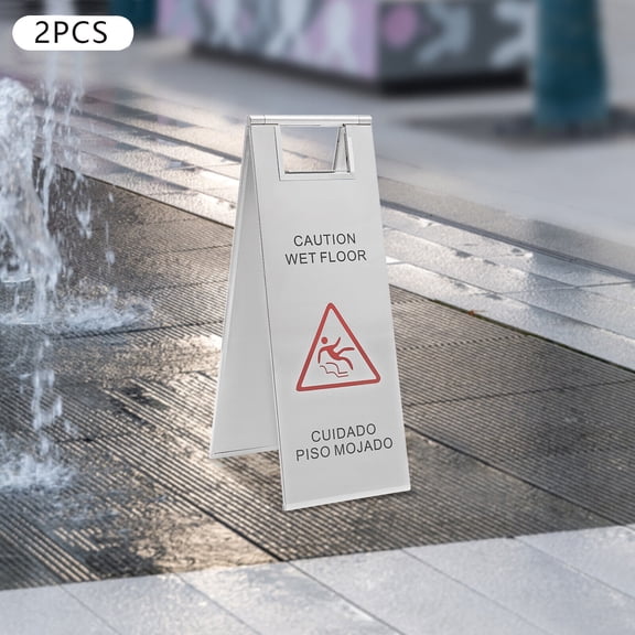 2Pcs Stainless Steel Wet Floor Sign, Caution Wet Floor Sign, Safety Warning Sign