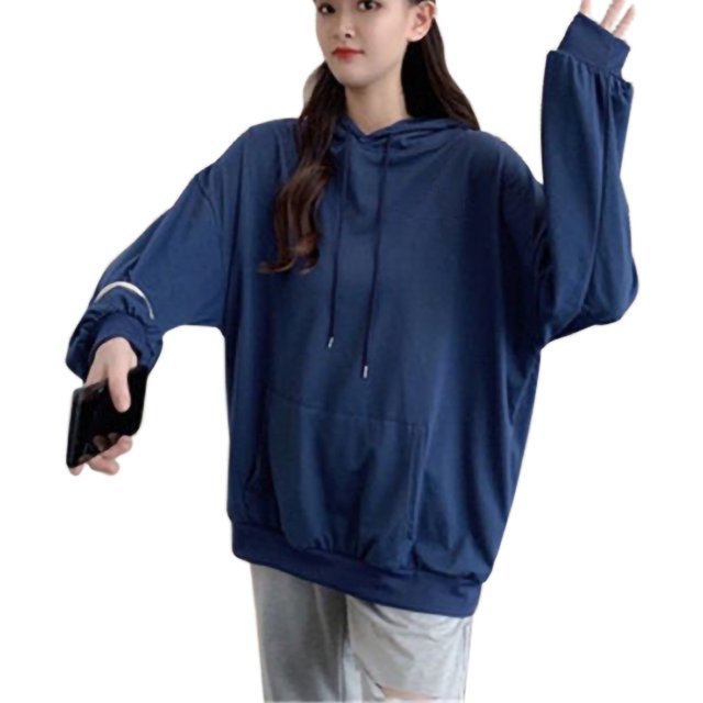 Sudadera con capucha de color puro con hombros caídos y manga larga suelta con cordón y bolsillo azul M