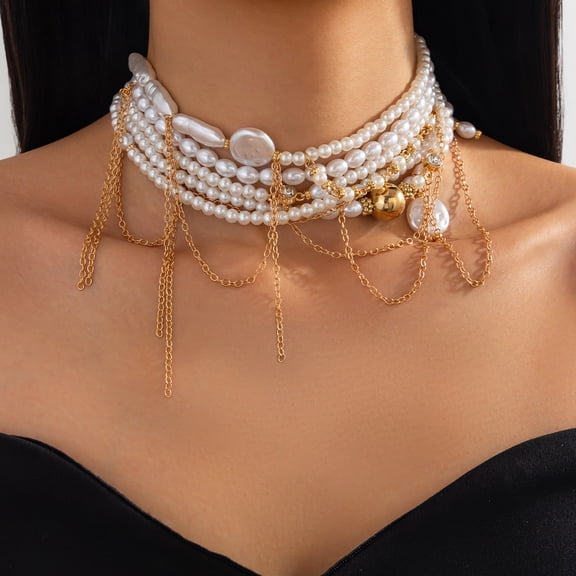 NICKSUN Multi Layer Baroque Imitation Pearl Choker Necklace, Irregular Pearl Tassel Chain Statement Collar Jewelry for Women