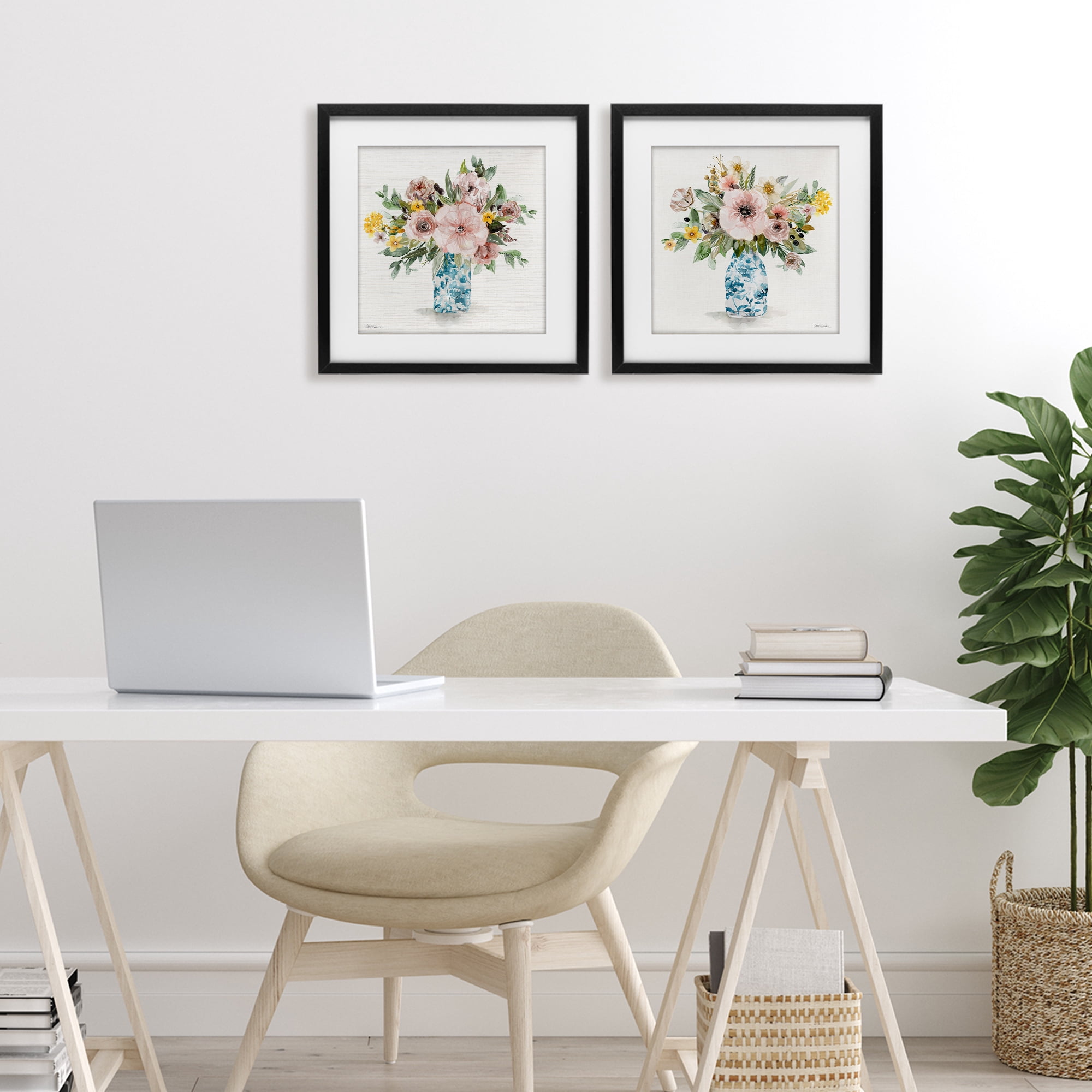 Stupell Industries Summer Chinoiserie Flowers 2 Piece Black Framed Print Under Glass Set, design by Carol Robinson