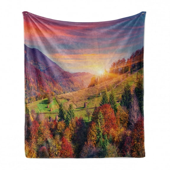 Nature Soft Flannel Fleece Throw Blanket, Pastoral Autumn Morning in Mountain Village Fall Tree Surreal Rural Print, Cozy Plush for Indoor and Outdoor Use, 70" x 90", Red Purple Green, by Ambesonne
