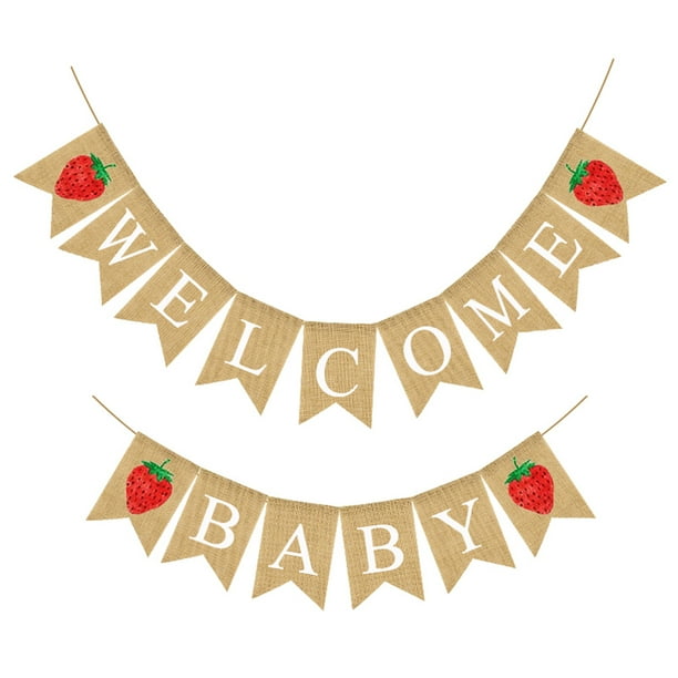 Bandera de lino con temática de fresa, BIENVENIDO BEBÉ, impresión de cola de golondrina, banderines de arpillera, guirnalda colgante para baby shower, decoración para fiesta de cumpleaños, suministr
