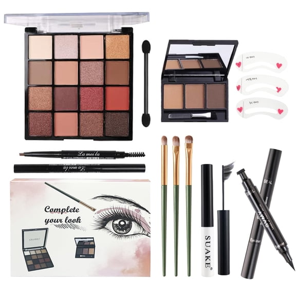 Kit de maquillaje todo en uno para niñas – Paleta de sombras de ojos desnudas de 16 colores, 3 brochas de maquillaje, delineador de ojos impermeable, lápiz de cejas en polvo, lápiz de cejas, máscara p
