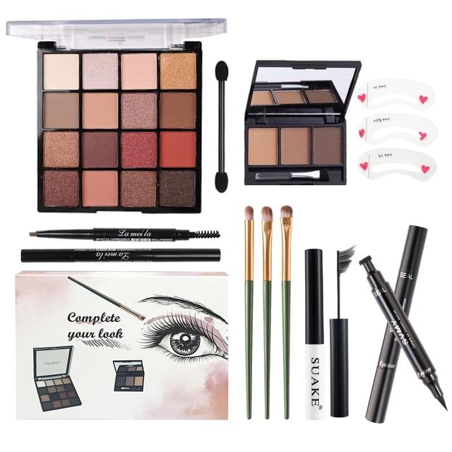 Kit de maquillaje todo en uno para niñas – Paleta de sombras de ojos desnudas de 16 colores, 3 brochas de maquillaje, delineador de ojos impermeable, lápiz de cejas en polvo, lápiz de cejas, máscara p