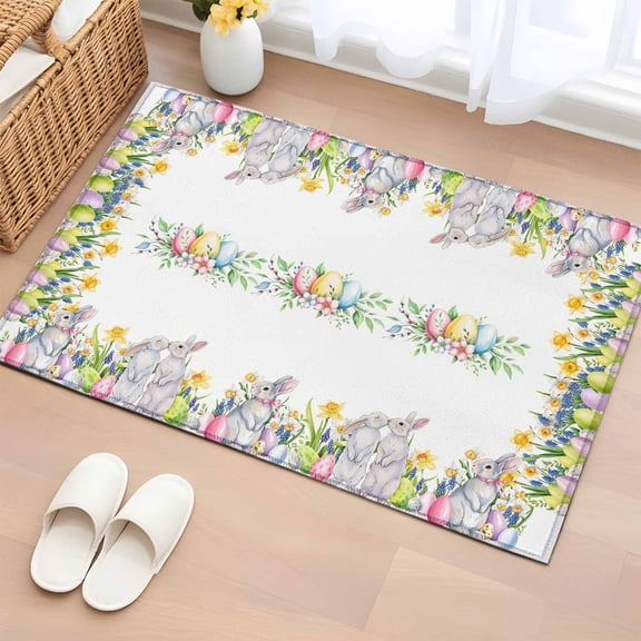 Easter Eggs Entryway Rug 2'x3'  Non Slip Front Door Mats, Spring Watercolor Bunny Flower Leaf Plant Entrance Rugs Indoor Outdoor Carpet, Washable Floor Mats Small Area Rug for Bedroom Kitchen