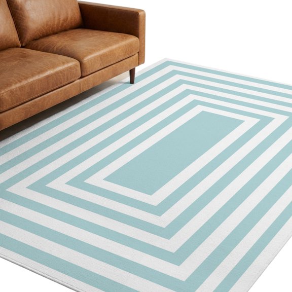 Blue Concentric Squares Area Rug 5x7ft Modern Abstract Minimalist Geometric Lines Non-Slip Washable Rectangle Rugs Soft Felt Indoor Floor Mat for Bedroom Kitchen Living Room Bathroom