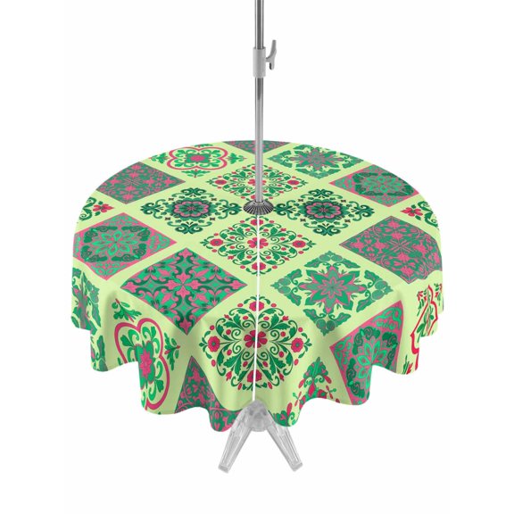 Outdoor Tablecloth with Umbrella Hole for Patio/Picnic/Party/Camping, Bohemia Waterproof Table Cloth Round Cover Washable, Vintage Country Farmhouse Boho Style Light Green (Dia 60")