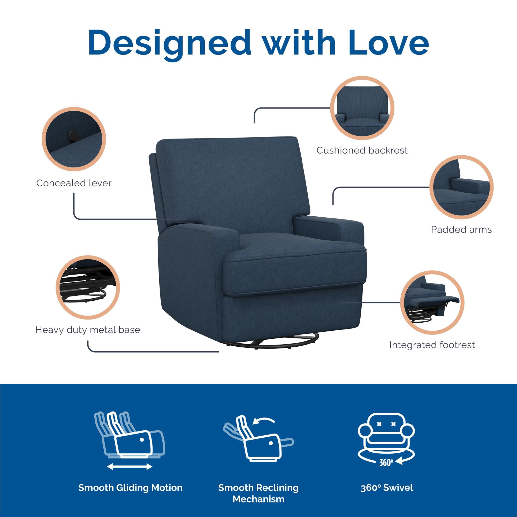 Baby Relax Rylan 4-in-1 Swivel Glider Rocker Recliner Chair, Navy