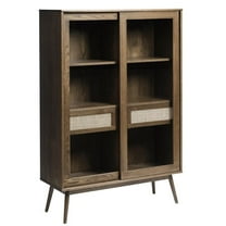 Modern Oak and Rattan Sliding Glass Door Cabinet