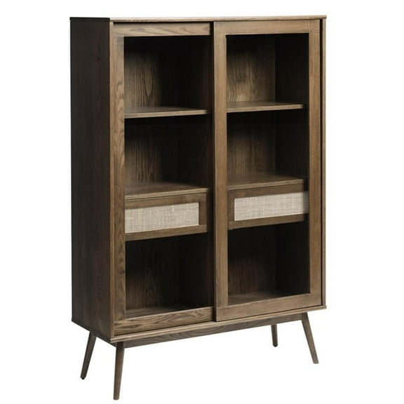 Modern Oak and Rattan Sliding Glass Door Cabinet
