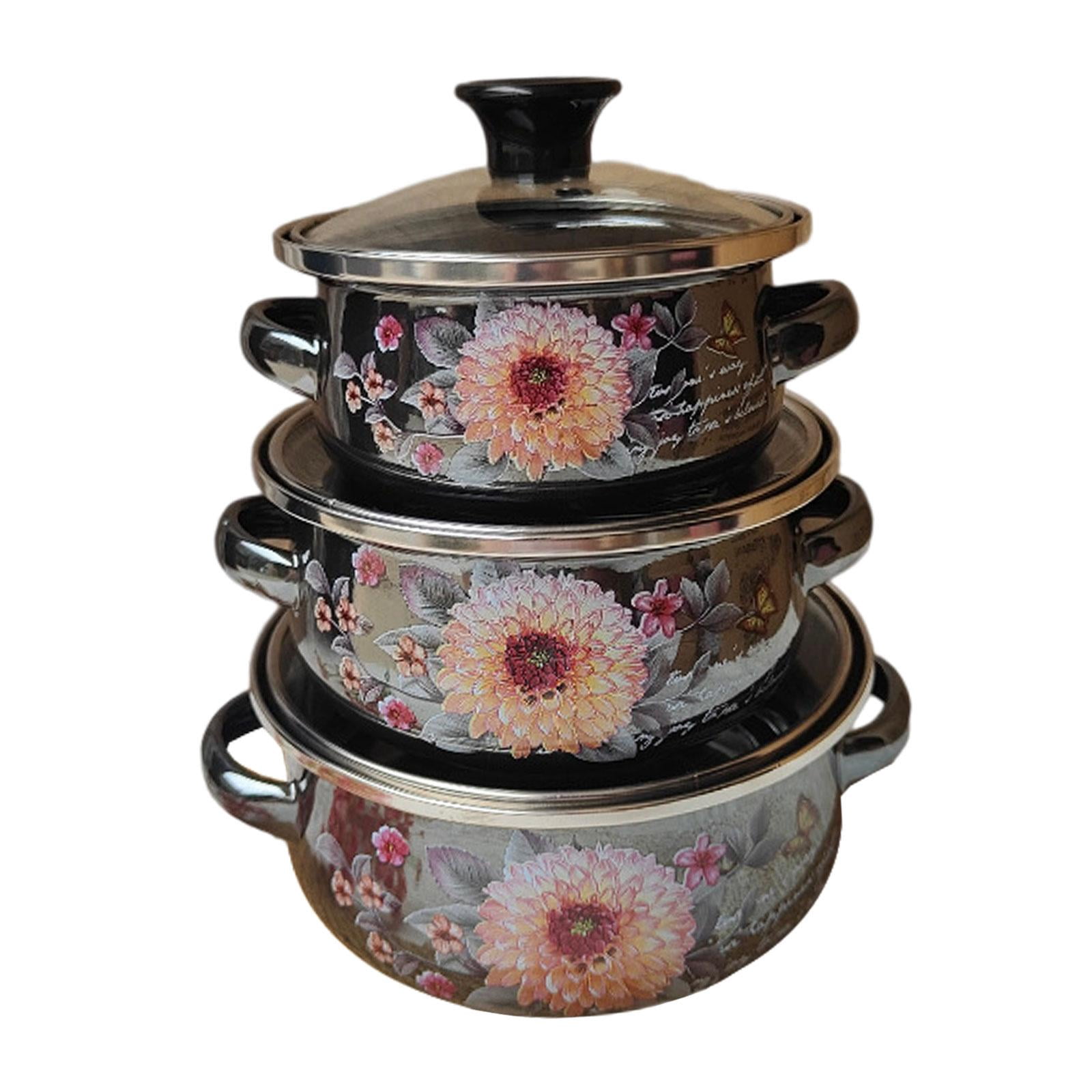 Dualoai 3x Enamel Stockpots Set Cookware Cooker Enamel Pots for Restaurant Home Gift