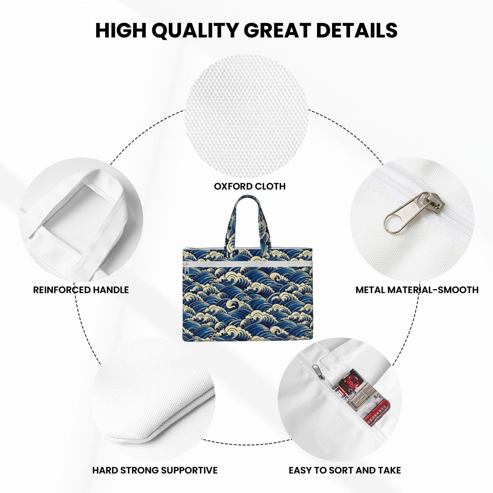Kdxio Japanese Water Wave File Tote Document Bag Business Briefcase Bag Document Organizer Tote Briefcase for Letter A4 Files Business Teacher Office Bag