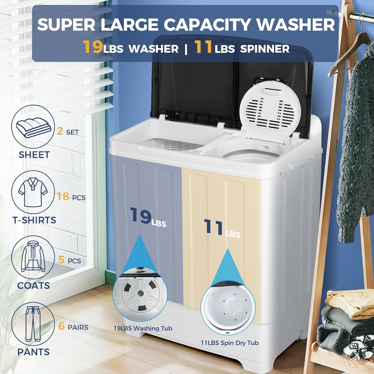 Adnoom Portable Washer 30lbs, 2-in-1 Twin Tub Washer & Dryer Combo Compact Semi-Automatic Washing Machine with Drain Pump, Black