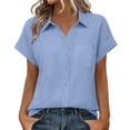thumbnail image 5 of Womens Button Up Shirt with Pocket Lapel Short Sleeve Blouse V Neck Dressy Casual Summer Work Tops S-XXL (XL, Light Blue), 5 of 8