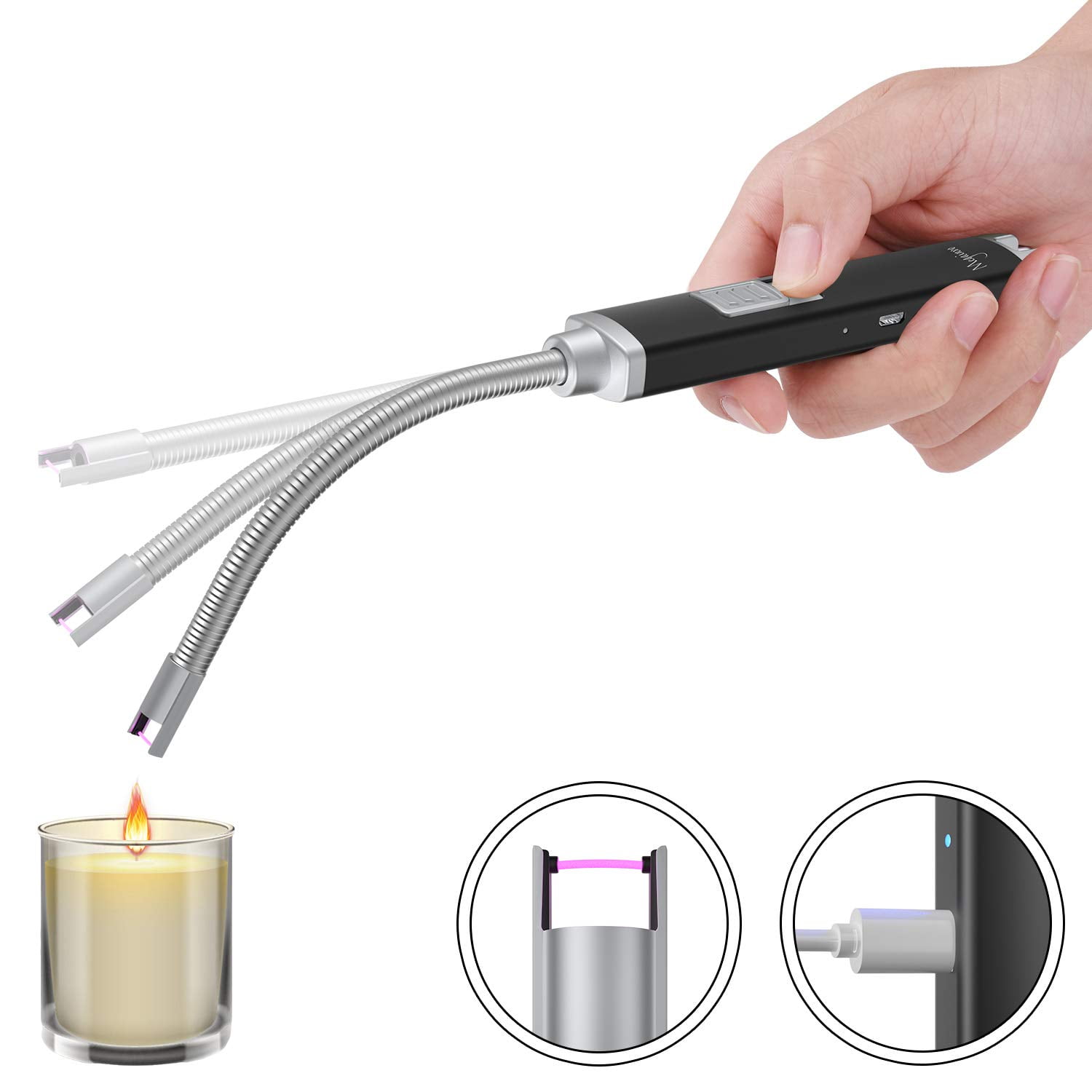 Silver Candle Lighter,Electronic Lighters Long Reach USB Rechargeable,Plasma Arc Flameless Lighter with LED Battery Display for Kitchen,Barbecue,Candles,Camping,Cooking,BBQs,Fireworks