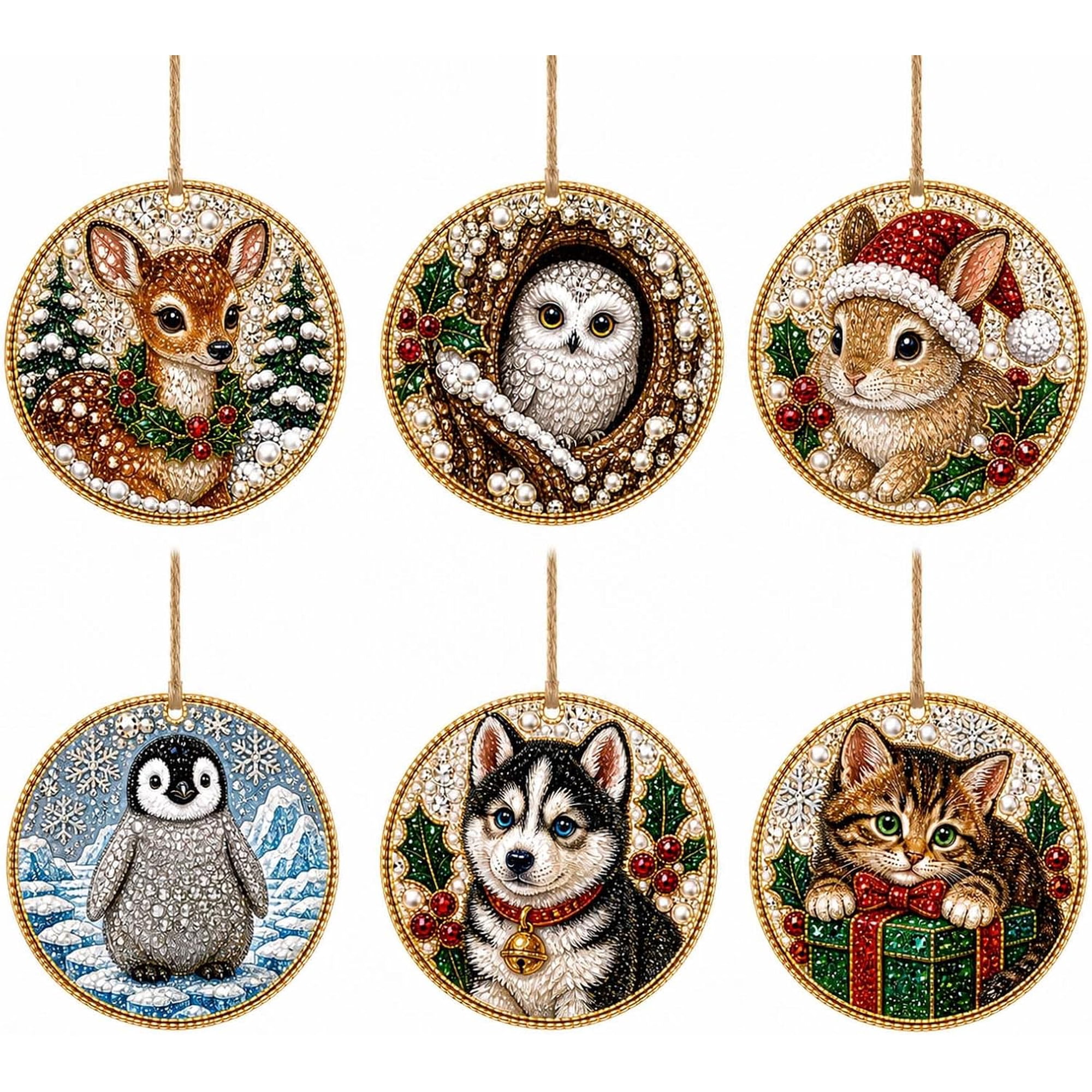 6 Pack Christmas DIY Diamond Art Ornaments Pearl Resin Wooden Pendant Craft Kit for Tree Decor and Holiday Gifts