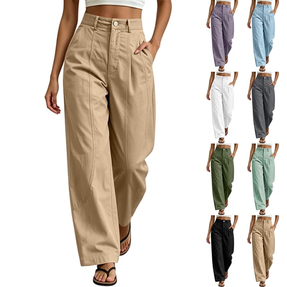 Horkkom Work Pants Women Elastic Waist Wide Leg Pants Casual Loose Dress Pants with Pockets Button Zip L
