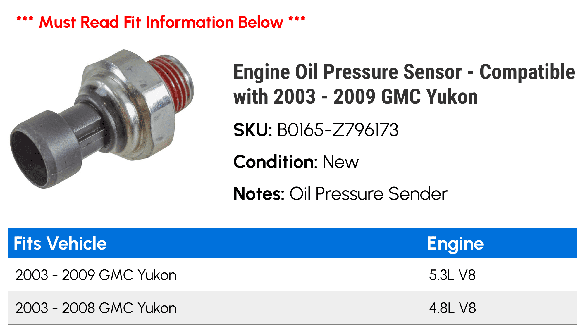 Engine Oil Pressure Sensor - Compatible with 2003 - 2009 GMC Yukon 2004 2005 2006 2007 2008