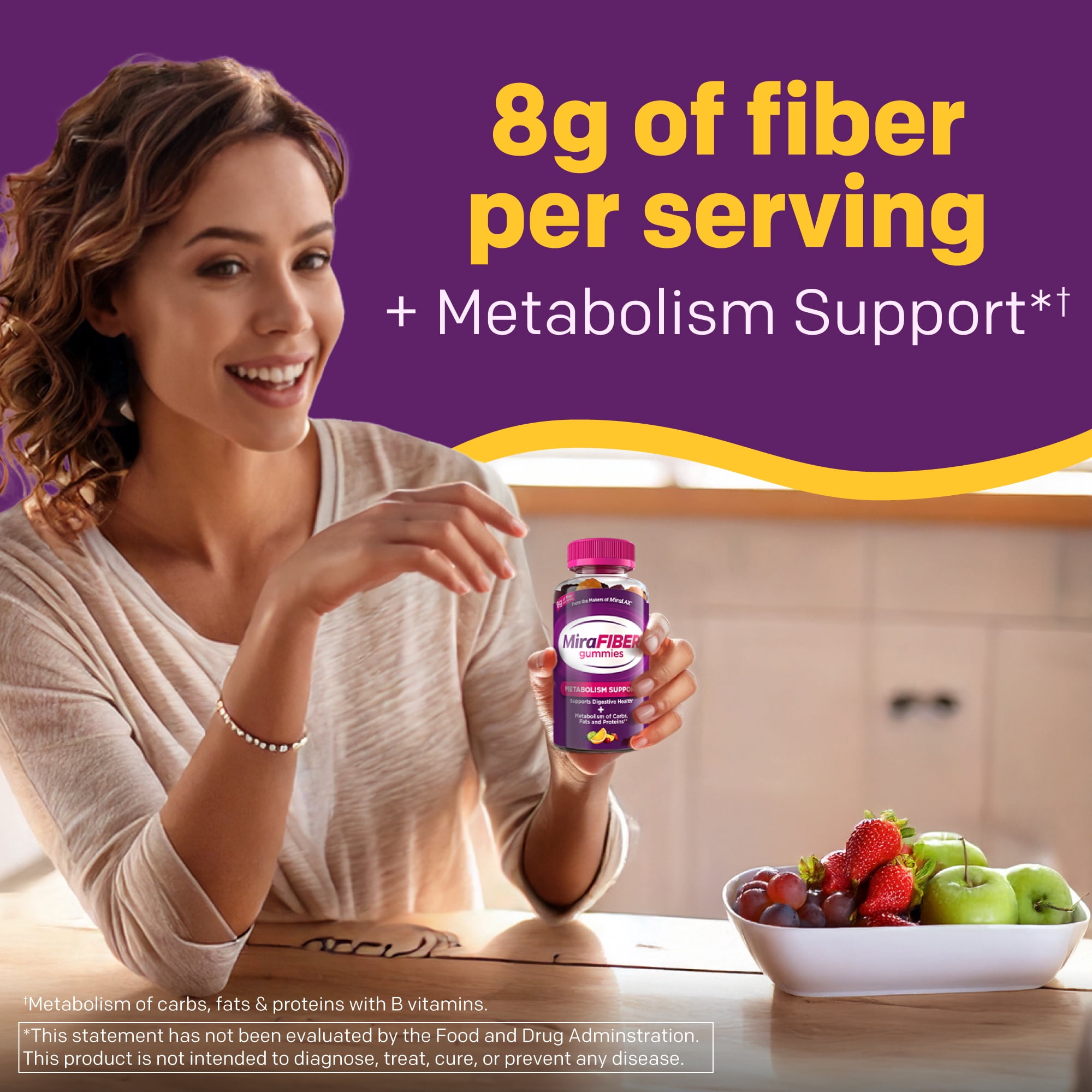 MiraFIBER Gummies, From The Makers of MiraLAX, 8g Per Serving, with B Vitamins, Metabolism Support, Gut Health for Men & Women, Prebiotic Fiber Gummies for Adults, Mixed Fruit Flavor 72 Count