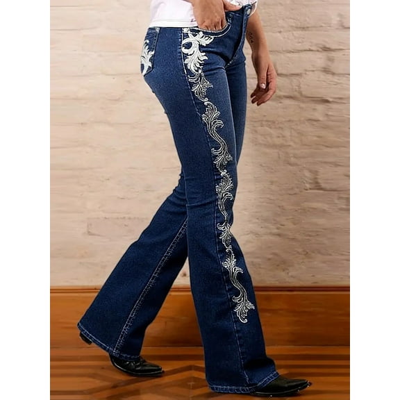 ROAD MARKINGS Women's Flare Jeans with Printing Side Design, Dark Blue Denim, Boot Cut (US, Alpha, Small, Regular, Regular, Dark Blue)