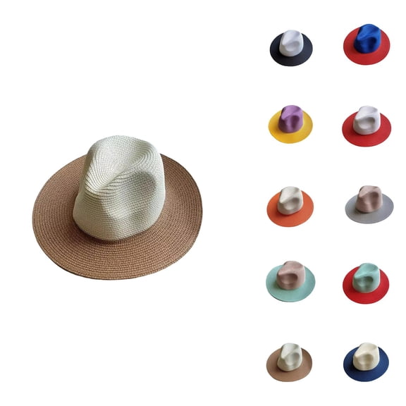 Color Block Wide Brim Straw Panama Hats for Men Women Summer Fedora Beach Sun Hat