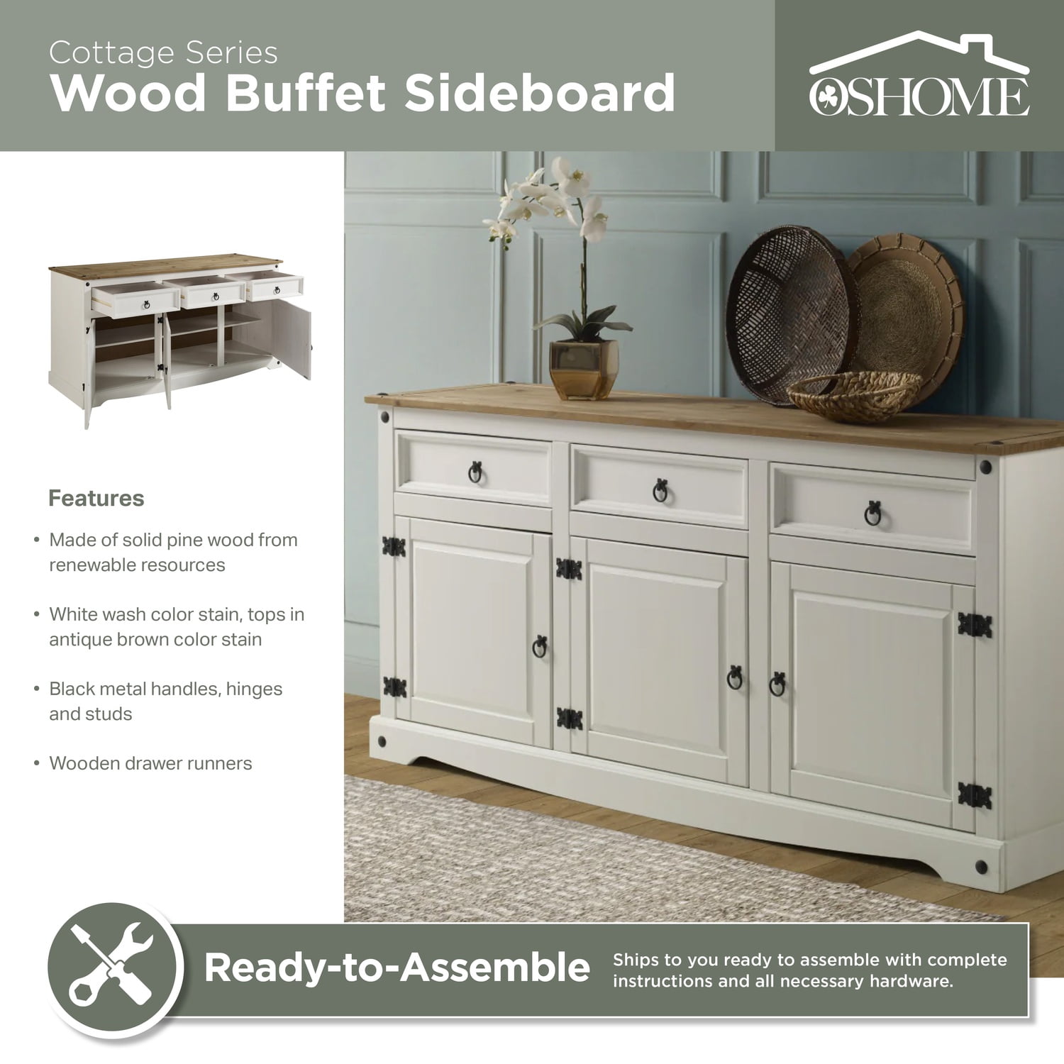 OS Home and Office Furniture Cottage Series Wood Buffet Sideboard in White