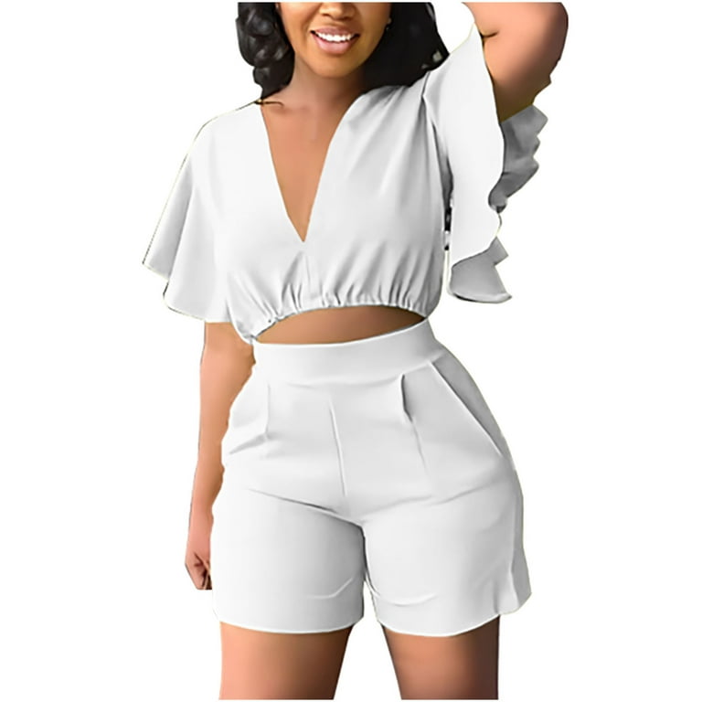 REORIAFEE Women Workout Sets Cute Outfits Women's Ruffle Short Sleeve V  Neck Top Casual Shorts Summer Plus Size Women Suits White L 