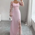 thumbnail image 3 of Navy Blue Floral Mesh Sleeve Maxi Dress With Sweetheart Neck, Ruched Waist And Side Slit Evening Gown, 3 of 8
