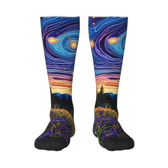 Honeii Galactic Night Over Meadow Print Long Socks,Novelty Design Socks Gift for Men and Women,Crew Socks,Calf Socks