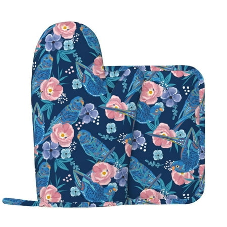 

Oven Mitts and Pot Holders Sets Classic Blue Cute Parrot Flower Non-Slip Silicone Oven Gloves Potholders Cotton Lining Heat Resistant Gloves Hot Pads for Kitchen Cooking Baking
