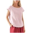 thumbnail image 1 of JUNWELL Lin à la Mode des Femmes Casual Ample Mode à Manches Courtes T-shirt Couleur Unie Col Rond Top, 1 of 7