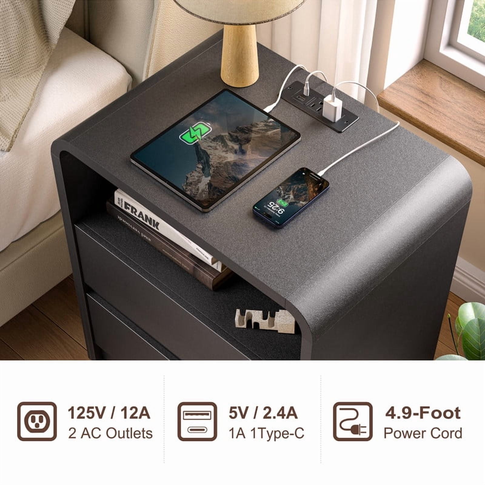 1-PCS Modern Nightstand with Charging Station, Wooden Bedside Storage Table with 2 Handleless Drawers & Open Compartment
