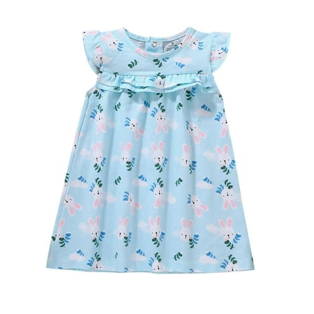 

Toddler Kids Baby Girls Summer Dress Easter Rabbit Ruffled Sleeve Dress Sweet Round Neck Casual Princess Dress