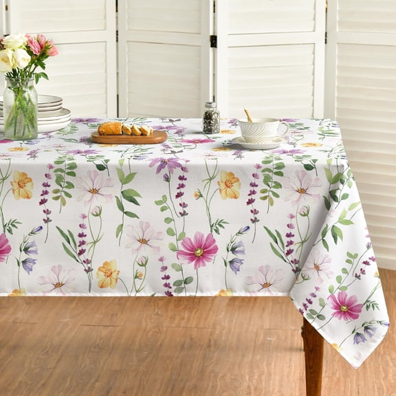 Spring Summer Tablecloth 60x60 Inch, Yellow White Purple Daisy Floral Table Cover for Party Picnic Dinner Decor