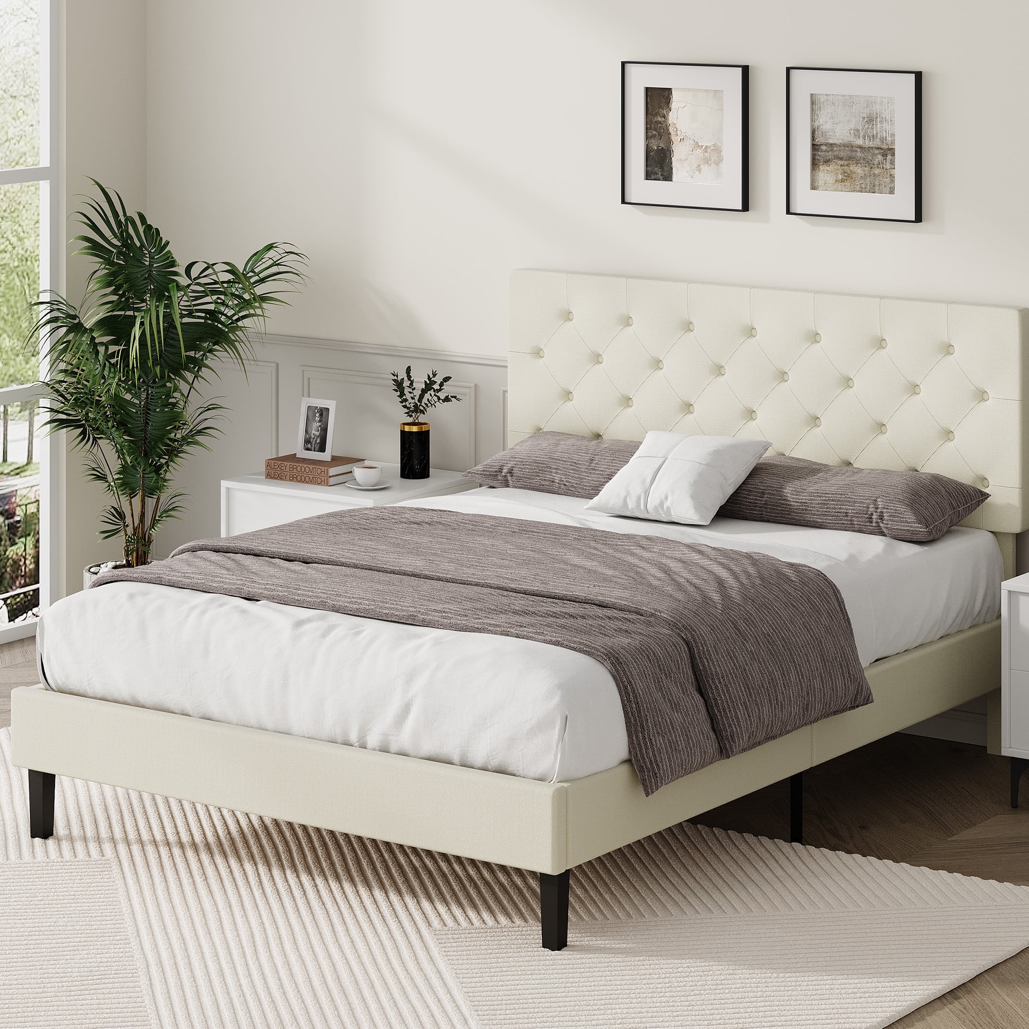 4 Ever Winner Full Size Upholstered Platform Bed Frame with Headboard, Cream