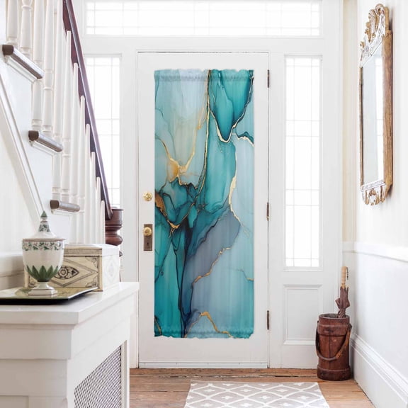 Teal Ombre Door Curtains for Door Window, French Sidelight Front Back Door Curtains With Tieback, Modern Marble Ink Painted Abstract Kitchen Rod Pocket Drapes Panel, 25"x72"