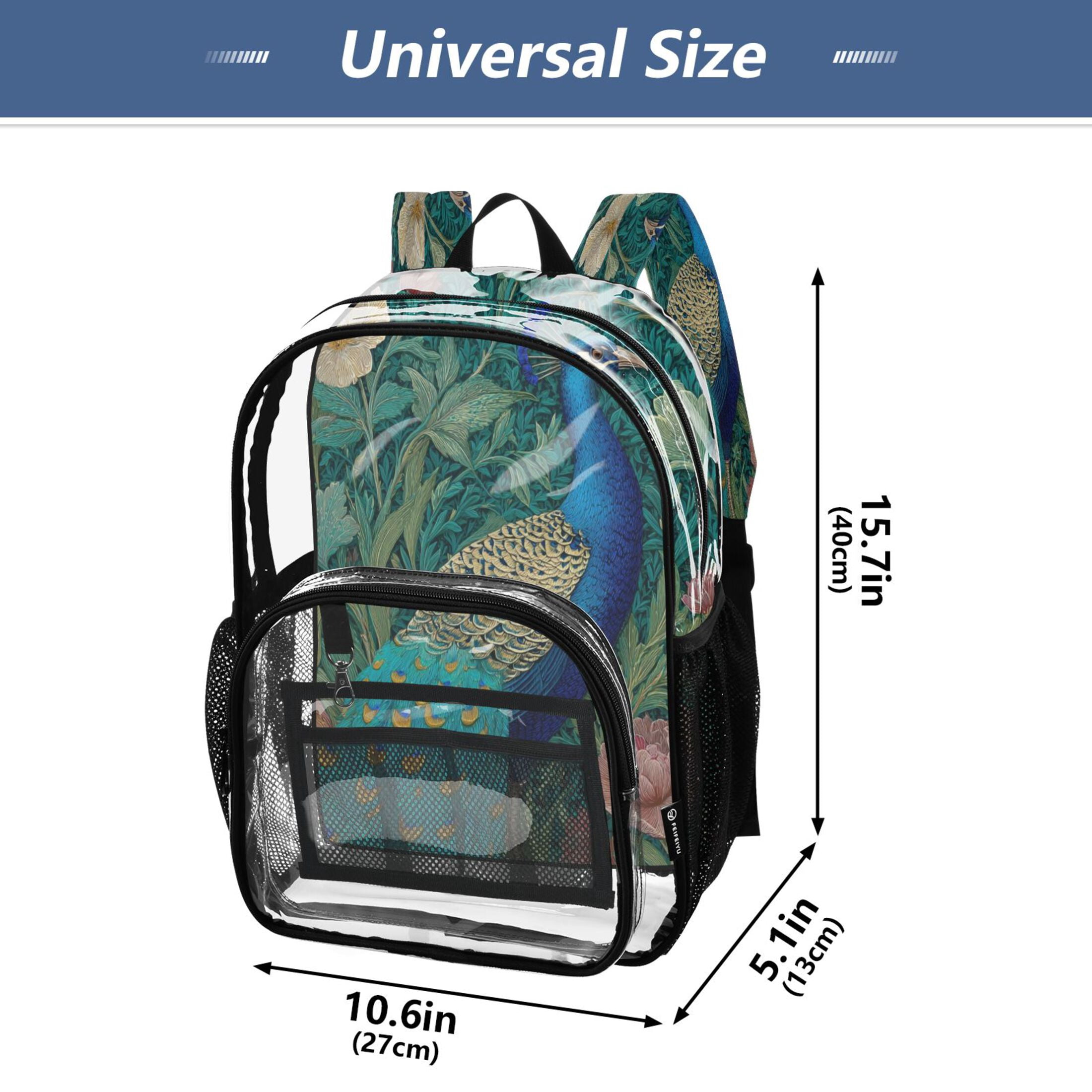 PVC Transparent Backpacks Clear Backpack for Travel and Outings Peacock Illustration
