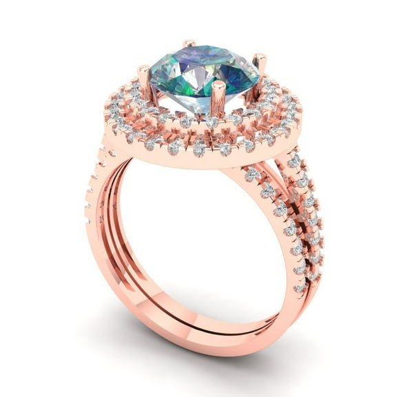2.68 ct Brilliant Round Cut Blue Moissanite 14K Rose Gold Halo Solitaire with Accents Engagement Bridal Wedding Ring Band Set size 4.5