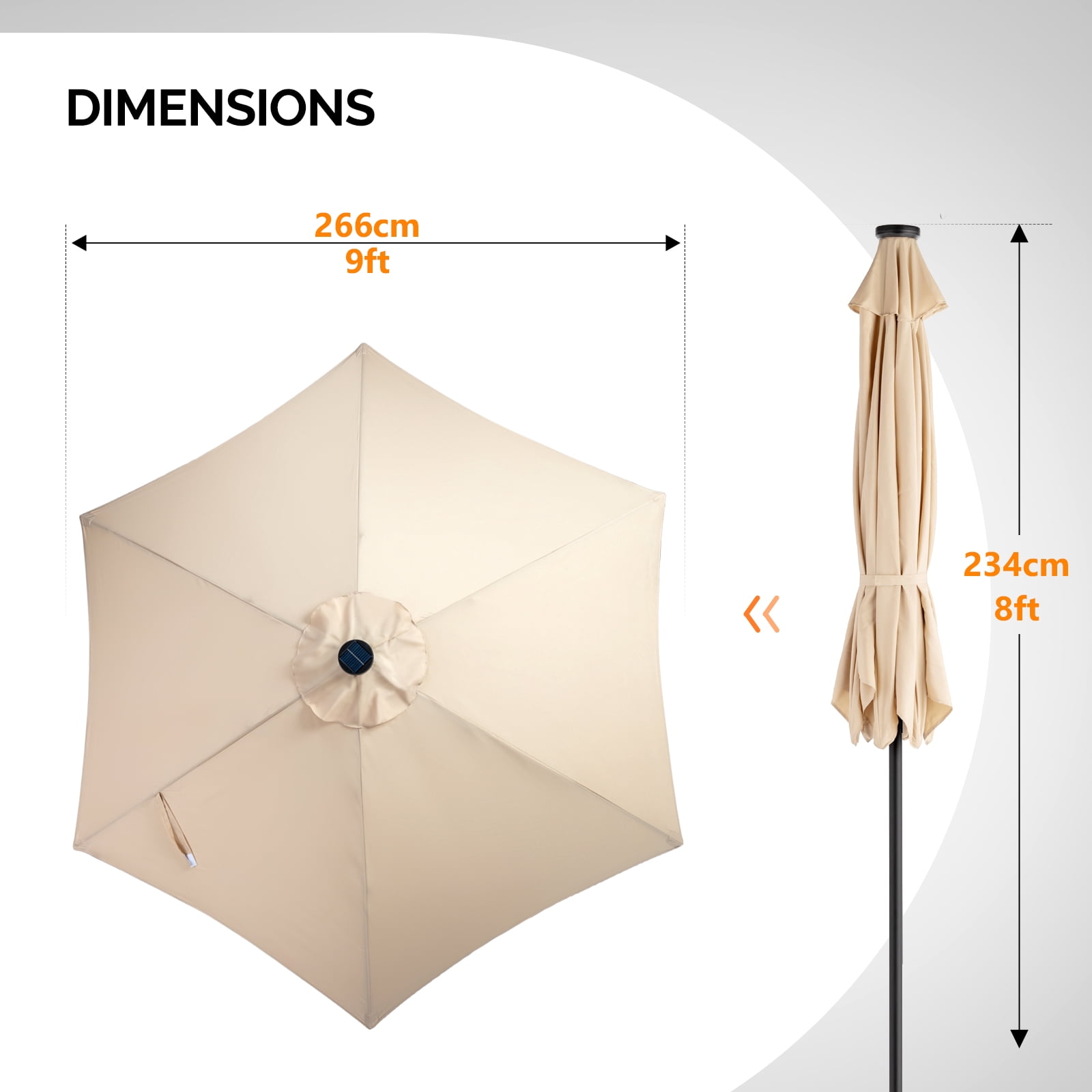 9ft Solar Patio Umbrella with LED Lights, UPF 50+ Waterproof Canopy, 6 Iron Ribs, Push Button Tilt & Crank Lift, Beige for Patio Garden Poolside