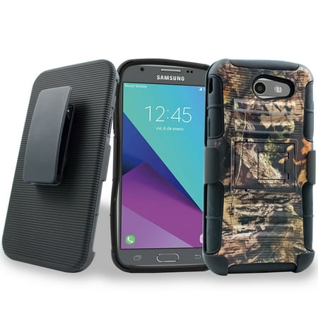 for Samsung Galaxy J3 EMERGE J 3 Holster Belt Clip Happy Camper Camo Armor Heavy Duty Case Double Kickstands (Best Hybrid Camper 2019)