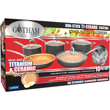 Gotham Steel Pots and Pans Set, 10 Pieces Cookware Set with Nonstick Ceramic Coating and Stock Steamer Insert , Black