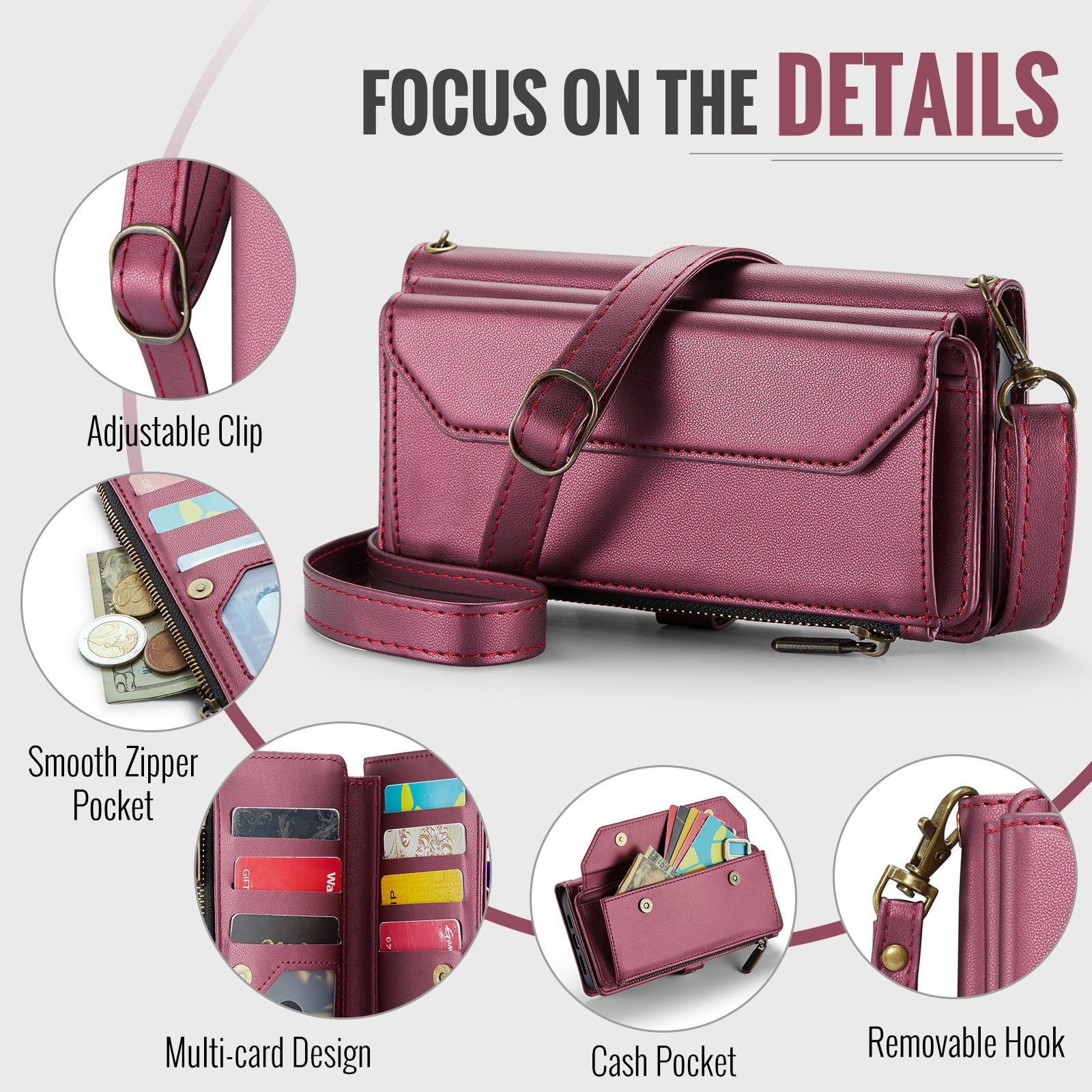Compatible with iPhone 15 Pro Max 6.7 inch Zipper Wallet Phone Case Tempered Glass Screen Protector Crossbody Lanyard Strap Flip Card Holder Slot Cell Cover for i P15 15Pro i15 ProMax Women Wine Red