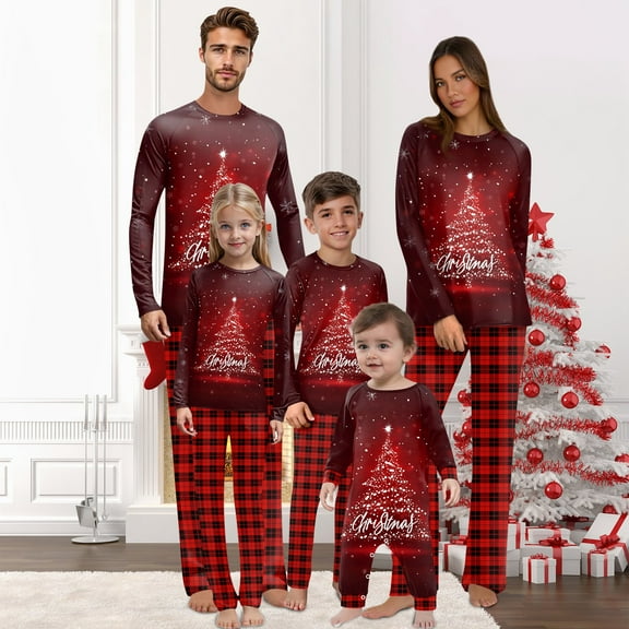 Onlypjs Matching Family Christmas Pajamas Set for Men, Women and Couples – Red Christmas Tree Print & Plaid Pants Holiday Sleepwear