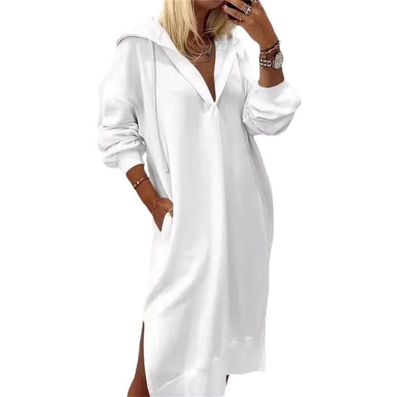 Women'S Oversized Casual Pullover Long Sleeve Split Hem Drawstring Hoodies Dress with Pockets White S