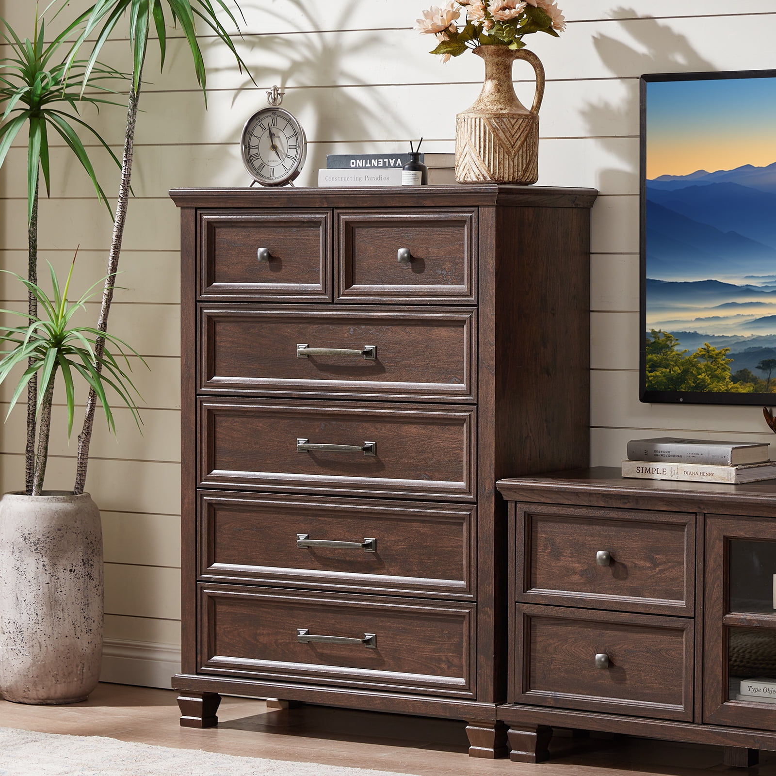 Vertical Dresser for Bedroom, LELELINKY 6 Drawer Dresser with Metal Handle, Chest of Drawers for Living Room, Walnut