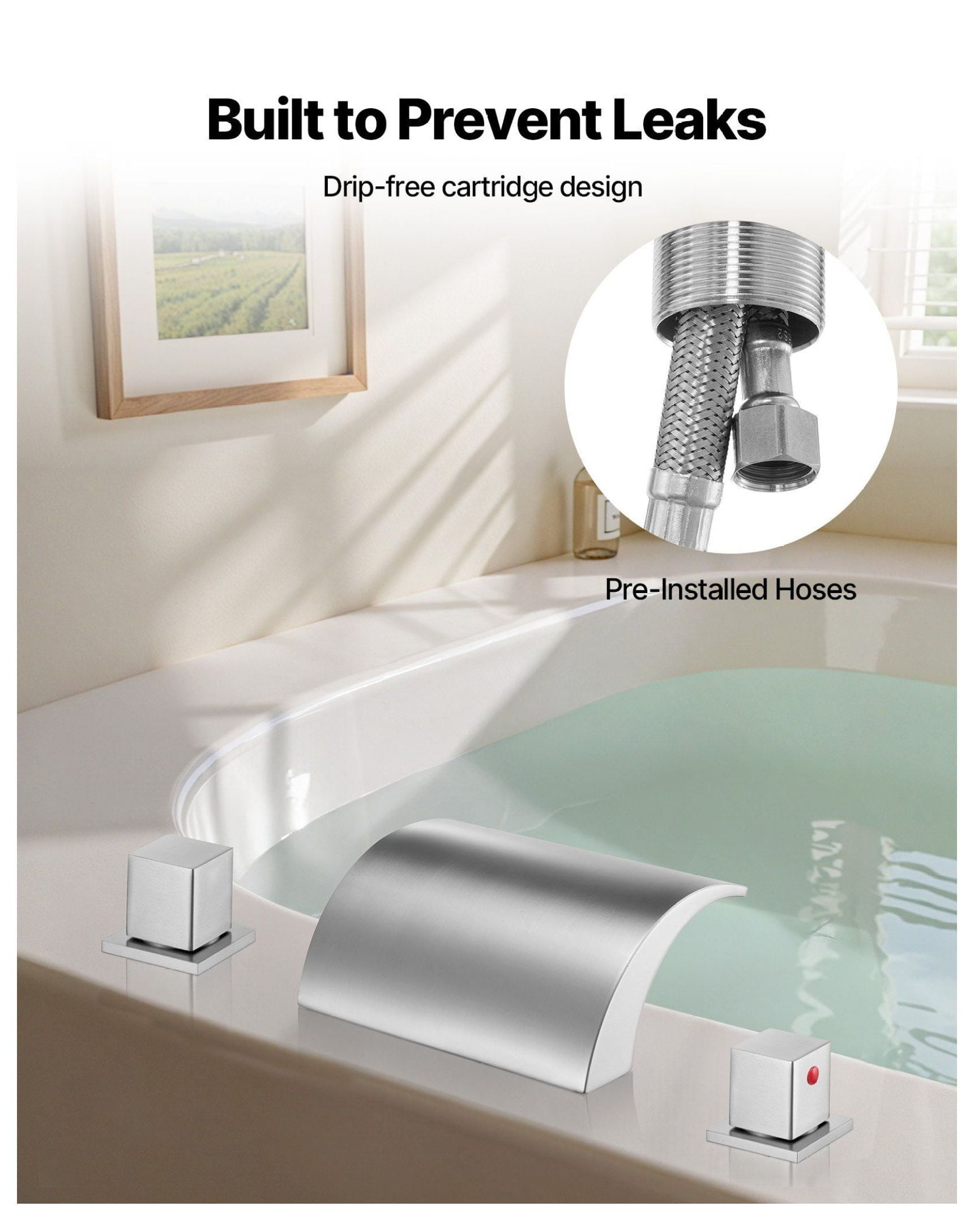 Roman Tub Faucet 3 Hole Waterfall, Bathtub Faucets Set with Handles, Deck Mount Tub Spout, Silver Finish, High Flow Rate, Temperature Control for Adult Bath