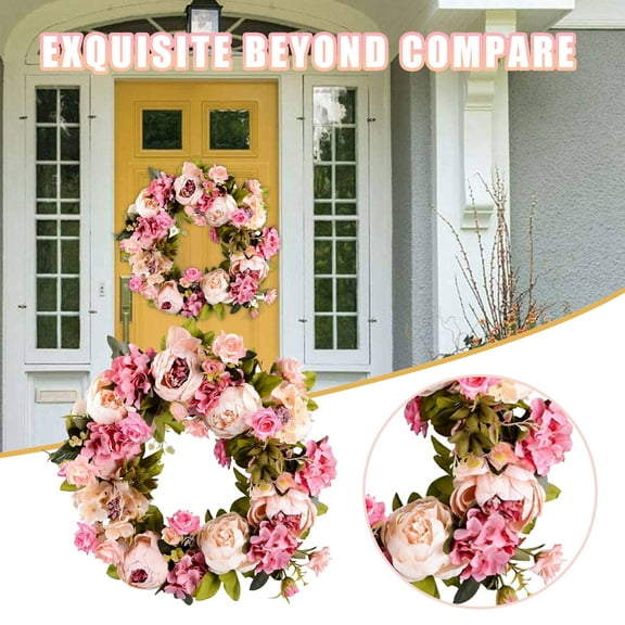 FENGGHAO Mothers Day 16 Inch Artificial Peony Wreath Pink Spring Floral Door Wreath Grapevine Base Everlasting Home Decor