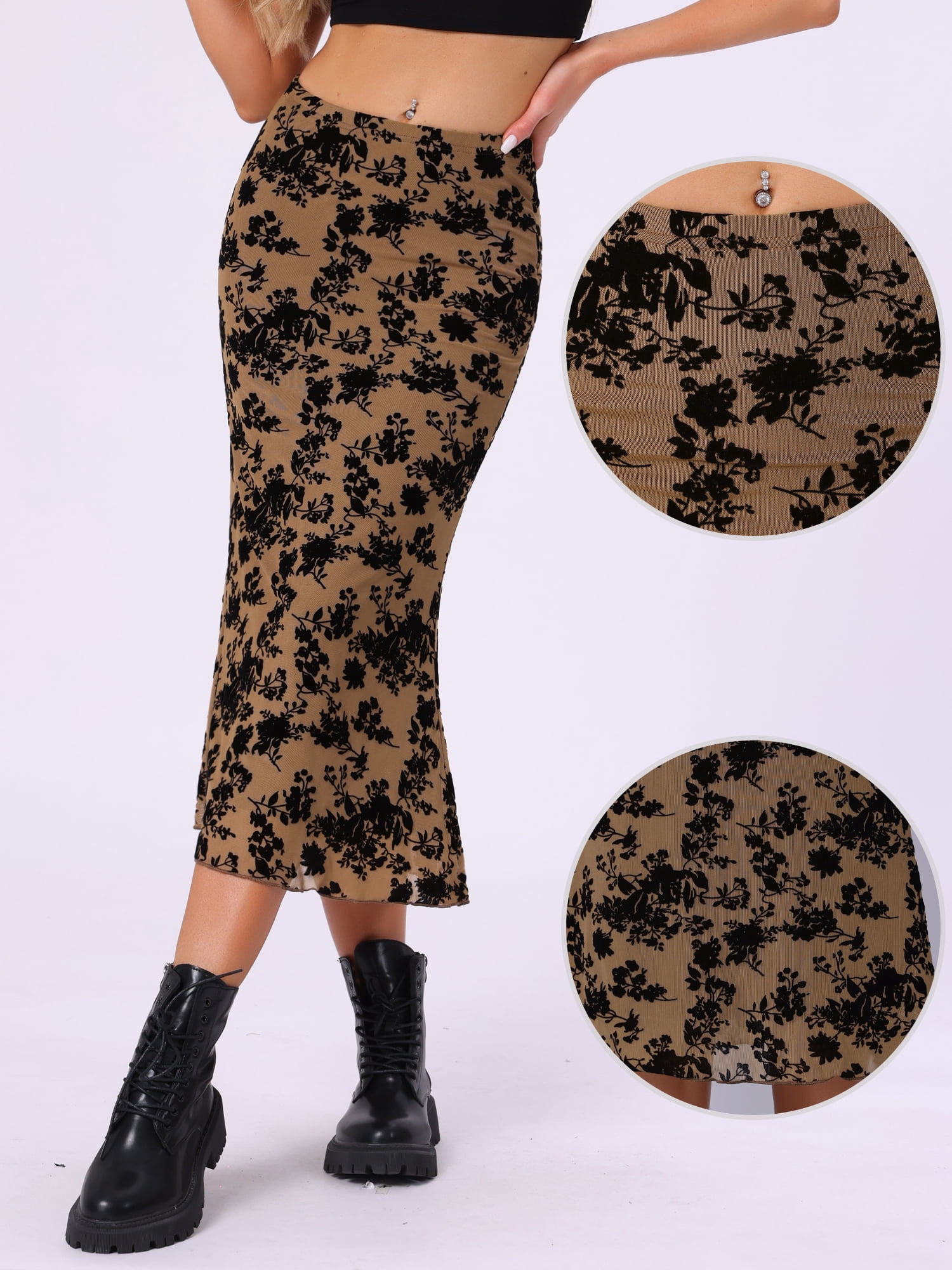 DARING DIVA Women's High Waist Bodycon Mesh Fishtail Midi Skirts L Brown
