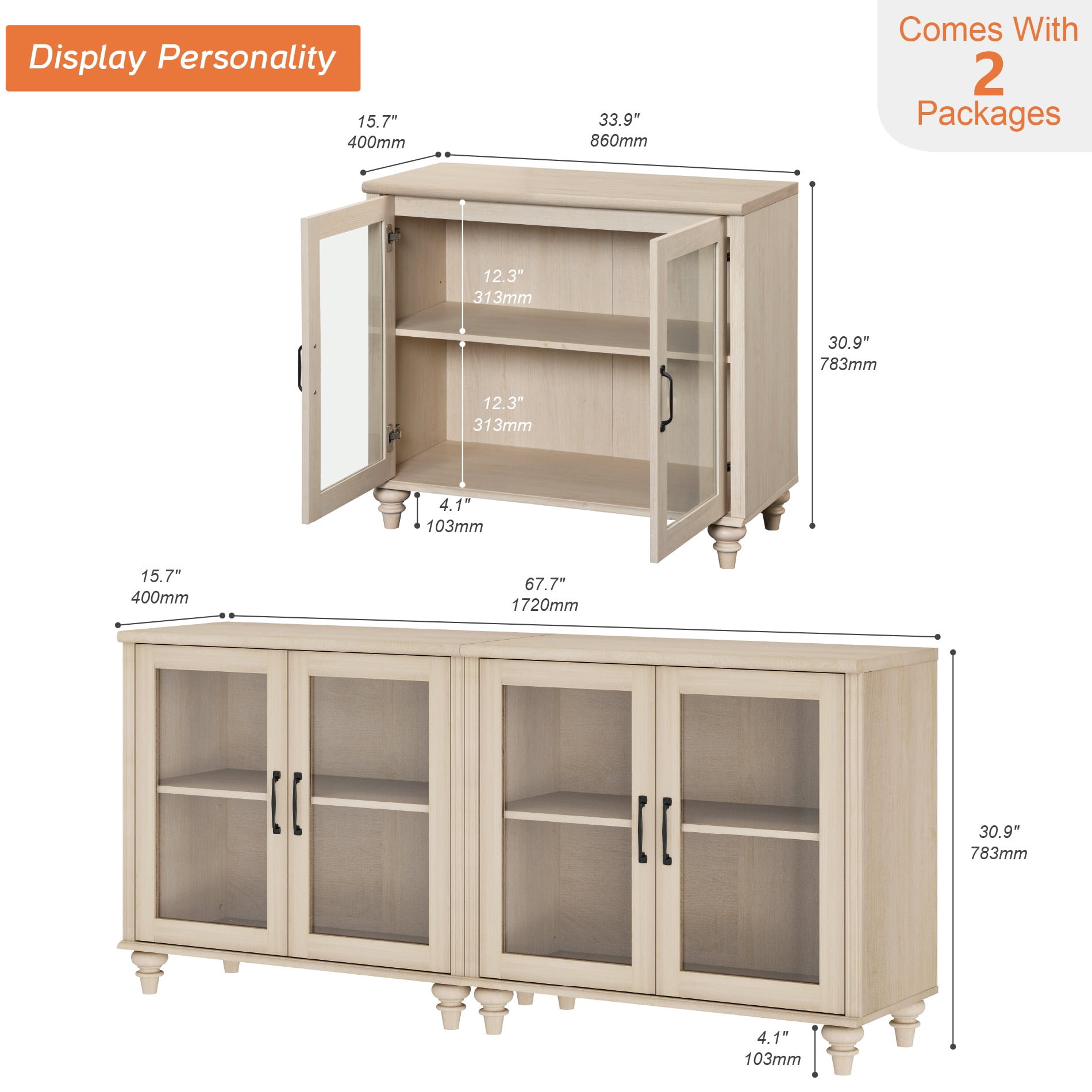 Light Beige Buffet Cabinet with 4 Glass Doors, Kitchen Storage Cabinets with Adjustable Shelf, 68 inch